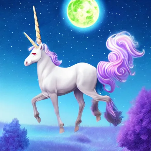 Image similar to a unicorn dancing under a crescent moon. Digital art, high detail, hyper realistic, digital illustration, trending on artstation