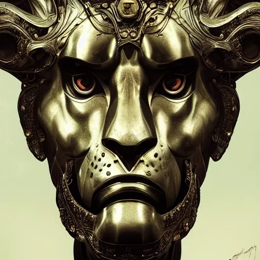 Image similar to Very very very very highly detailed epic photo of face with lion venetian mask, intricate, dystopian, sci-fi, extremely detailed, digital painting, artstation, concept art, smooth, sharp focus, illustration, intimidating lighting, incredible art by Artgerm and Vincent di Fate