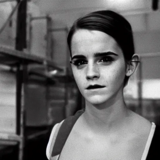 Image similar to photo, close up, emma watson in a hi vis vest, in warehouse, android cameraphone, film still from 1 9 7 4 movie, 2 6 mm,