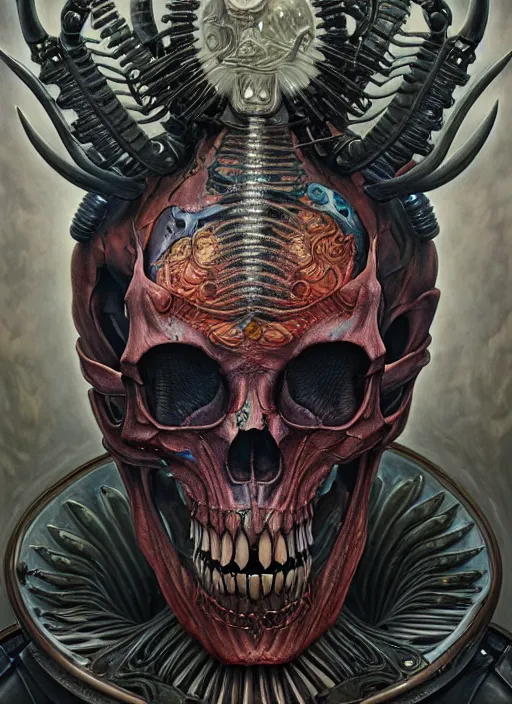 Image similar to hyper detailed masterpiece animal skull alien tattoo warrior by donato giancola and tom bagshaw, face by artgerm and edmund leighton, and h. r. giger, trending on artstation, colorful, psychedelic aesthetic, ornate, background by james jean, 8 k, biomechanical, majestic, volumetric lighting, porcelain skin, concept art, sharp focus