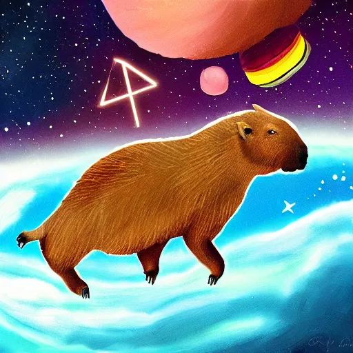 Image similar to digital painting of a boy riding a magical capybara in space