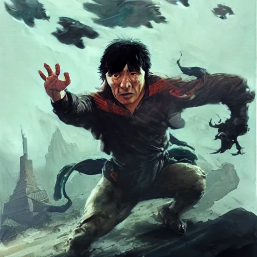 Image similar to cinematic portrait of Jackie Chan fighting the deep state by greg rutkowski and frank frazetta and peter mohrbacher and marc silvestri