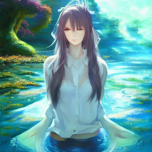 Image similar to advanced anime painting , a lake that leads into another dimension, oil painting, shikamimi, WLOP, RossDraws