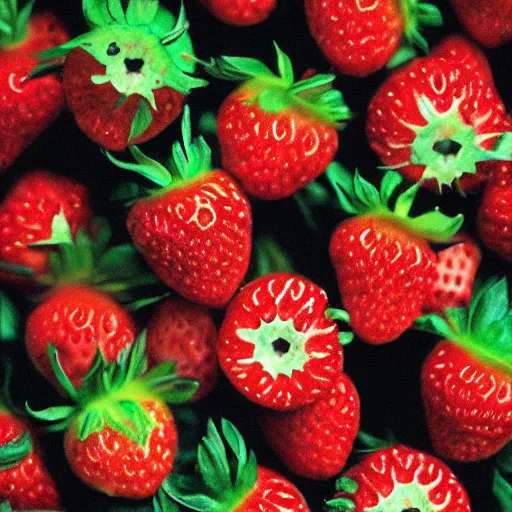 Prompt: a super detailed lomography photo of a closeup of a strawberry, and every seed is a tiny human skull.