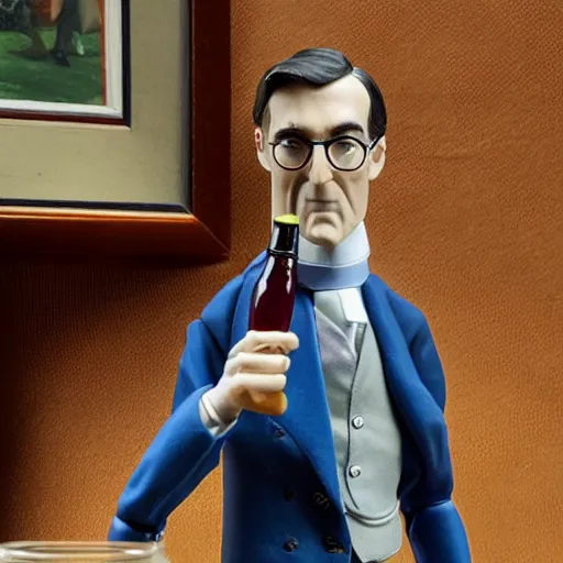 Prompt: detailed jacob rees - mogg action figure, holding wine bottle, smoking a cigar, 5 0 mm photograph
