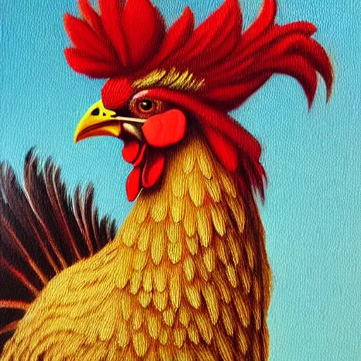 Image similar to an oil painting portrait of a punk rock rooster wearing gold necklace, intricate. detailed, by raphael, da vinci, hyper realism, 4k.