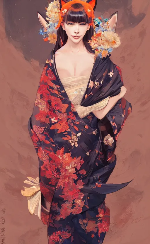 Prompt: An beautiful digital painting of a woman with fox ears and nine tails wearing a kimono, by Stanley Artgerm Lau, WLOP, Rossdraws, James Jean, Andrei Riabovitchev, and Marc Simonetti, trending on artstation