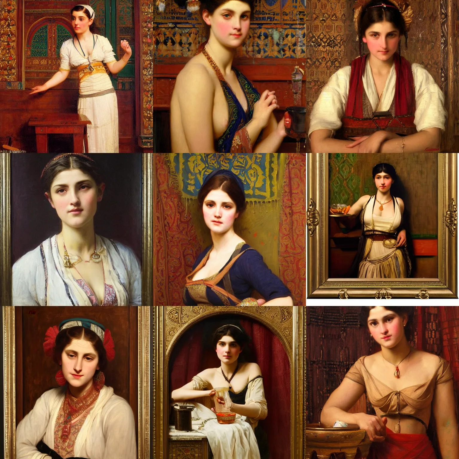 Prompt: orientalism portrait of a cute barmaid by Edwin Longsden Long and Theodore Ralli and Nasreddine Dinet and Adam Styka, masterful intricate artwork. Oil on canvas, excellent lighting, high detail 8k