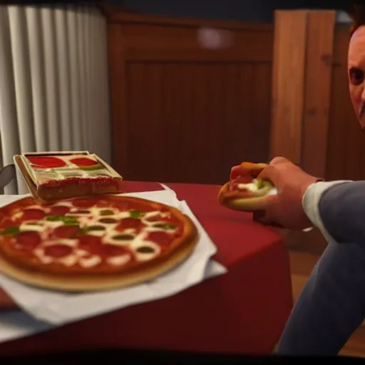 Prompt: gopro footage of a hotdog man eating a slice of pizza in a court room, iso 2 0 0, depth of field, cinematic, volumetric lighting, by red dead redemption 2