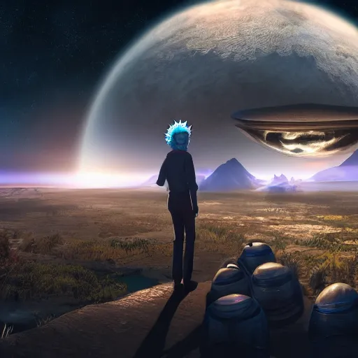 Prompt: real life rick sanchez. photo realism. dramatic lighting. alien planet background. 4 k