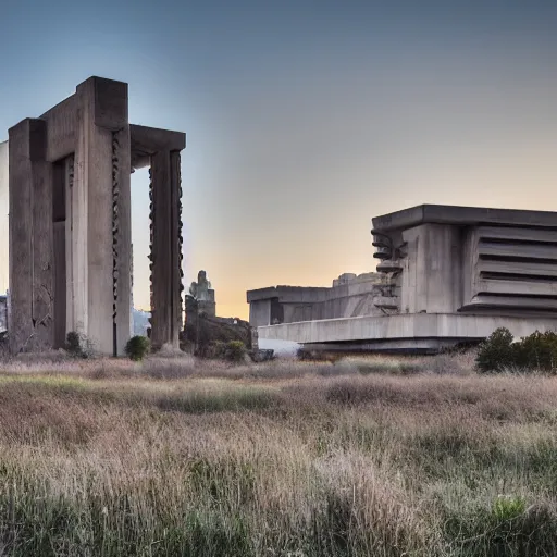Image similar to a wide shot of a sci - fi beautiful brutalist monumental building, with many rounded elements sprouting from the base tower creating a feel of an organic structure, photography shot at golden hour