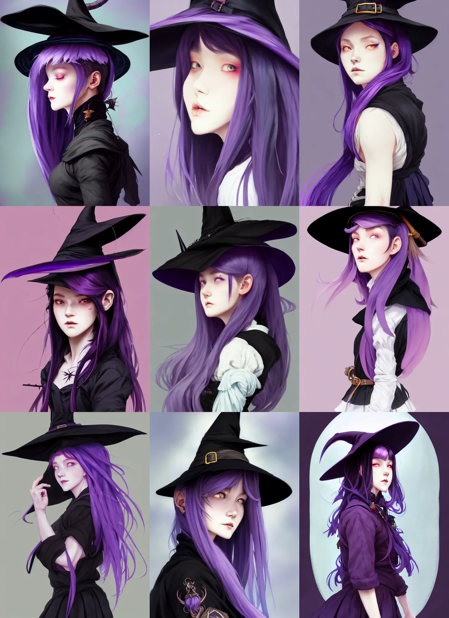 Image similar to side portrait of a rugged girl witch wearing magic school uniform, large wide - brimmed witch hat, cinematic, black to purple fade hair color, elaborate, elegant, masterpiece, illustration, digital painting, concept art, trending on artstation, pixiv, art by ruan jia and hong soonsang and wlop and artgerm and greg rutkowski and alphonse mucha
