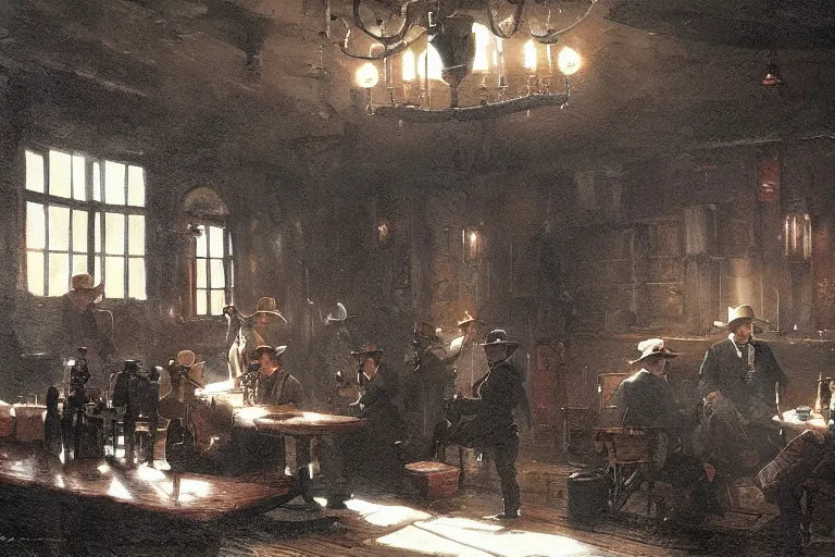 Image similar to 1800s saloon interior, dramatic lighting, cowboys drinking, concept art, greg rutkowski, artstation