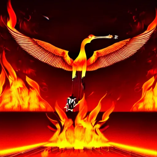 Image similar to in the lower part of the picture is the harp burning in the fire, above are cranes flying in flames, digital painting, concept art