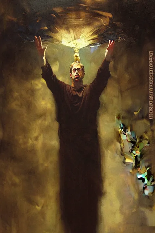 Prompt: beautiful detailed expressive impressionistic oil painting portrait of ancient roman god emperor steve buscemi levitating, ascending into the dark wearing the civic crown, renaissance painting, black background, art by anders zorn, wonderful masterpiece by greg rutkowski, expressive brush strokes, beautiful cinematic light, american romanticism by greg manchess, jessica rossier