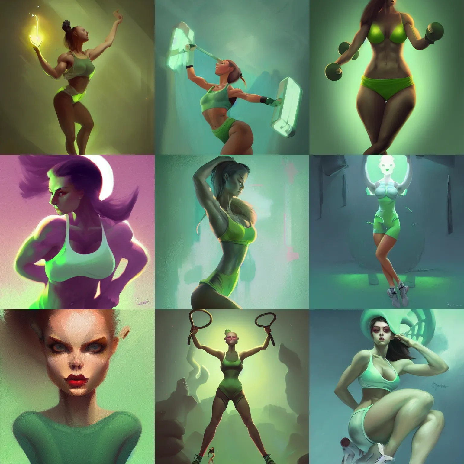 Prompt: cute fitness girl by peter mohrbacher, dynamic lighting, gradient pastel green