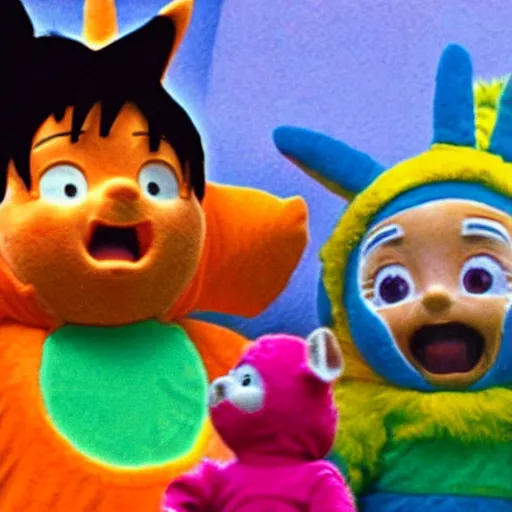 Prompt: goku playing with the teletubbies