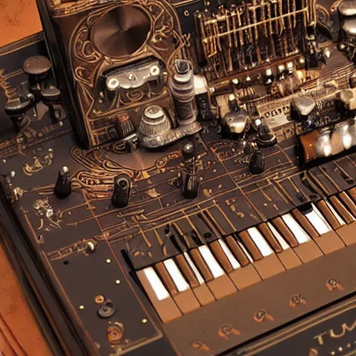 Prompt: a steampunk synthesizer, closeup details, cinematic light,