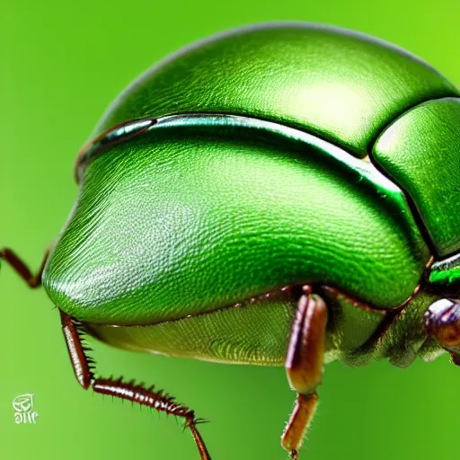 Prompt: hybrid of green beetle and snail, photorealistic, close - up