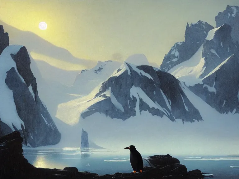 Image similar to an oil painting of a penguin and a misty glacier at dawn. by tuomas korpi moebius and carl spitzweg. baroque elements. intricate artwork by caravaggio. oil painting. oil on canvas. award winning. dramatic. trending on artstation. 8 k