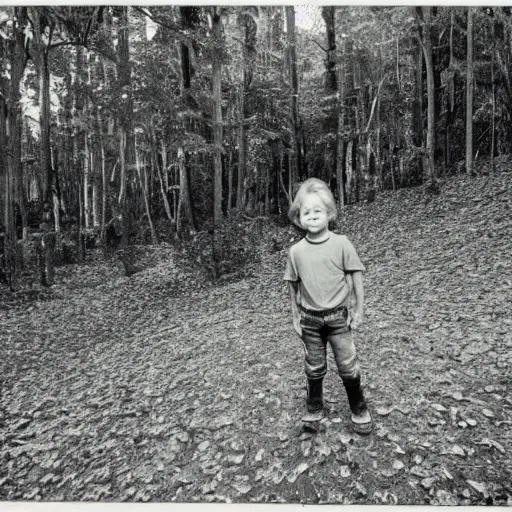 Image similar to kid looking at camera in forest at night, far away from camera, 70s photo, out of focus, motion blur, cctv footage