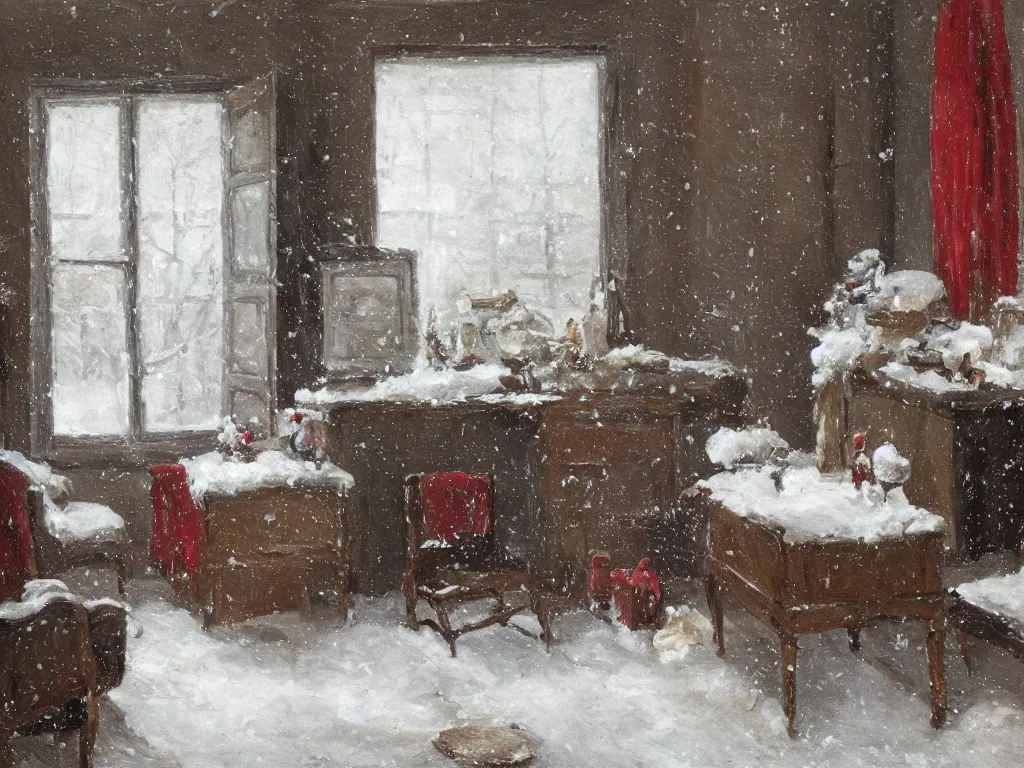 Prompt: It snows in the interior of a bourgeoise room, Still life with snow.