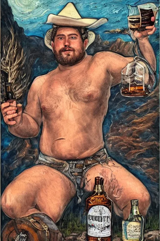 Prompt: a dramatic, epic, ethereal painting of a handsome extra thicc mischievous shirtless cowboy with a large beer belly wearing a large belt and bandana offering a whiskey bottle | he is relaxing by a campfire | background is a late night with food and jugs of whisky | homoerotic | stars, tarot card, art deco, art nouveau, intricate | by Mark Maggiori (((and Alphonse Mucha))) | trending on artstation