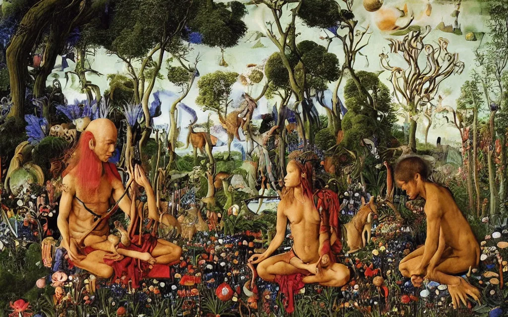 Image similar to photograph of a meditating centaur shaman and a striped catgirl feeding animals. surrounded by bulbous flowers, animals and a few trees. river delta with rock cliffs under a blue sky full of burning stars. painted by jan van eyck, max ernst, ernst haeckel, ernst fuchs and artgerm. trending on artstation, trending on cgsociety