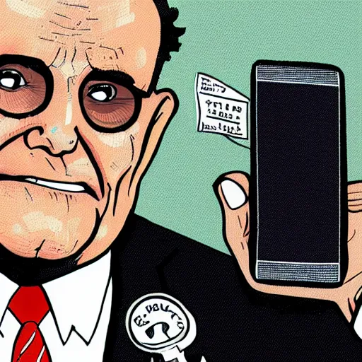 Image similar to close - up portrait of rudy giuliani showing how cell phone, by chris ware