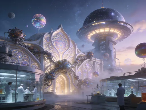 Prompt: A heavenly building crowded with technological machinery, strange shaped spheres structures, huge laboratories and space observatory