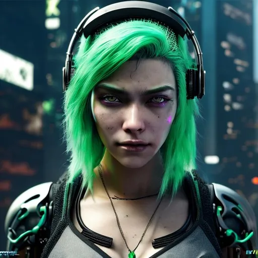 Prompt: hyper realistic extremely detailed very close up cyberpunk woman.
She has green hair, headphones, red eyes, black skin
