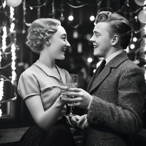 Prompt: Saoirse Ronan and Jack Lowden as a 1950s era couple celebrating New Years Eve together.