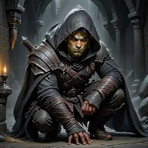 Prompt: (Half-Orc Assassin), crouched in a dark, shadowy environment, poised and alert, intense gaze focused on the target, wearing dark, tattered leather armor, hooded cloak shrouding face, murmurs of ethereal night atmosphere, contrasting shadowy hues with faint moonlight illuminating edges, (highly detailed), tension-filled ambiance, creating suspenseful mood, ultra-detailed, 4K.