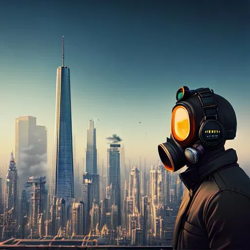 Prompt: a man wearing a gas mask and a gas mask on his head in front of a city skyline with smoke, by Mike Winkelmann (Beeple)