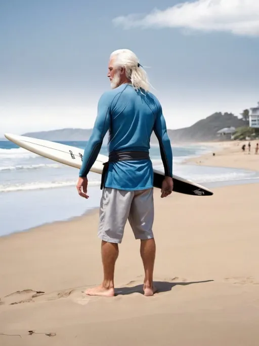 Prompt: Change surfboard to be standing upright beside him on his right. One end of the surfboard is buried into ground.
