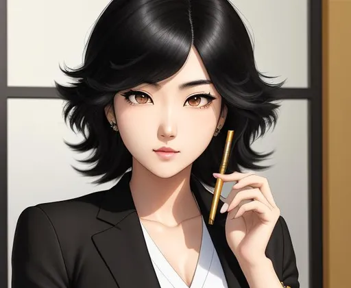 Prompt: manga by Kohei Horikoshi, hot tough 3D korean girl with medium length black fluffy hair and black eyes, pale complexion, Joan Jett lookalike, round face, bushy eyebrows, smirk expression, glaring eyes, black suit, smoking cigarette, office setting, golden hour, medium shot, mid-shot, front view, ultra realistic, intricate details, highly detailed, trending on Artstation, Hyperealistic details ray tracing shaders, octane render 8 k, 64k, UHD, unreal engine 