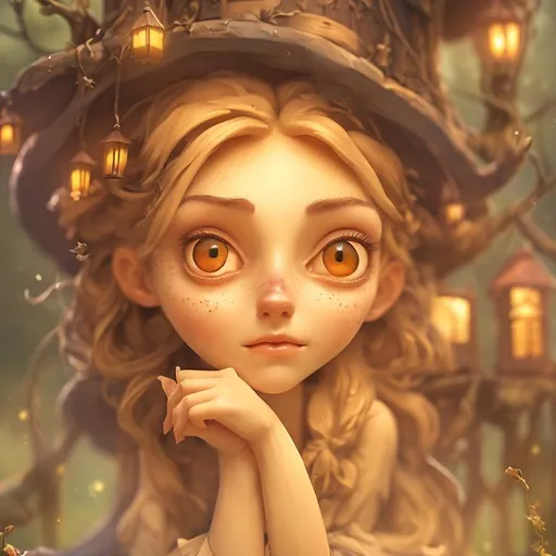 Prompt: a mythical young witch sitting near window, enjoying afternoon time, cute face, sad, melancholic, ultra detailed tree house interior background, ultra detailed witch grab, detailed face, detailed eyes, innocent, detailed nose, detailed mouth and lip, detailed interior, ultra detailed accessories,