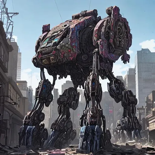 Prompt: paisley painted  destroyed mech without a arms in the middle of a city.