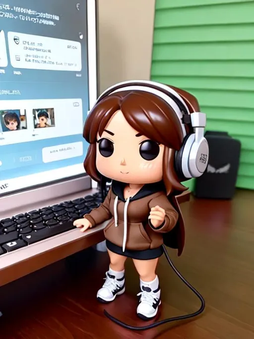 Prompt: cute funko pop female figure with below shoulder length brown hair, brown eyes, holding a keyboard, wearing a headset, wearing a black hoodie