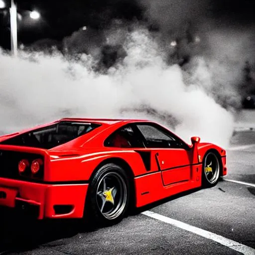 Prompt: Red Ferrari F40 prowling the streets at night with a neon backdrop, drifting with smoke behind the car