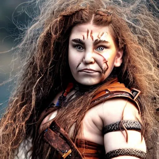Prompt: female dwarven barbarian amber hair and wind burned skin two braids scars on face fur and leather armor with a morning star
