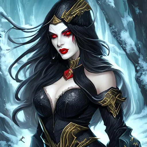 Prompt: A sorceress woman with dark hair and red eyes, skin as pale as the snow.