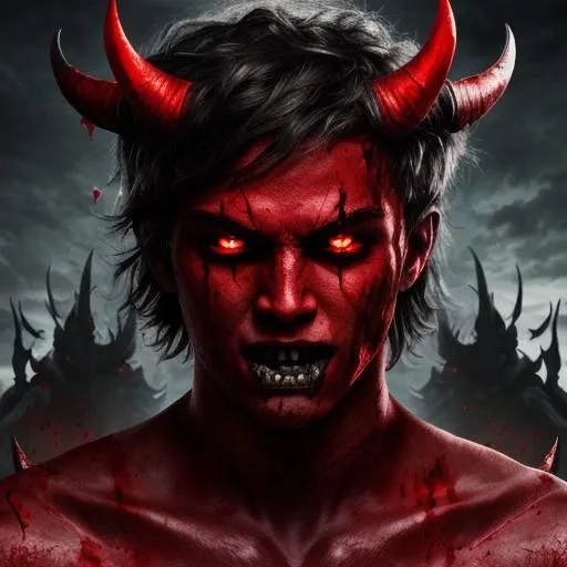 Prompt: demon boy with bloody fangs he's a giant with red skin destroying a army with black shorts HD 8K portrait