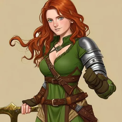 Prompt: A female medieval adventurer with auburn wavy hair, tan skin, freckles and green eyes, wearing a tunic, leggings and boots and carrying a sword in a fantasy setting.