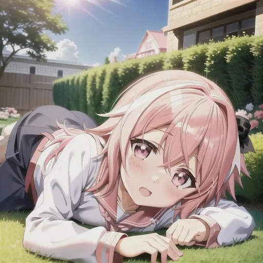 Prompt: astolfo, boy, anime, cute, portrait, french, white and pink sailor outfit, pink hair, powerful personality, garden, sunny