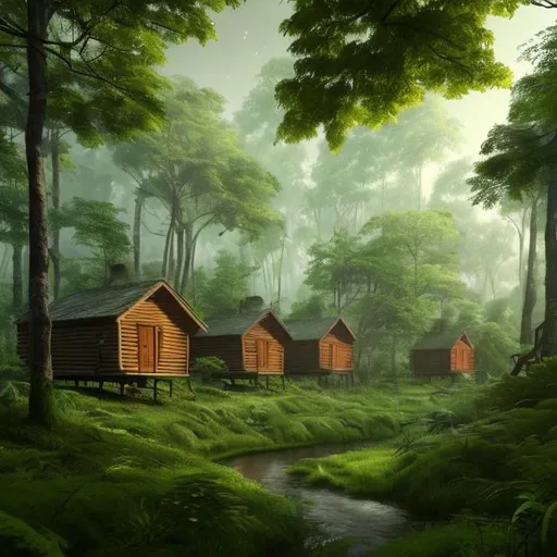 Prompt: a lush green forest with beautiful trees, nice daylight, nice weather, 3 small dark wood house cabins 1600s style. Trending on artstation, 4k digital art