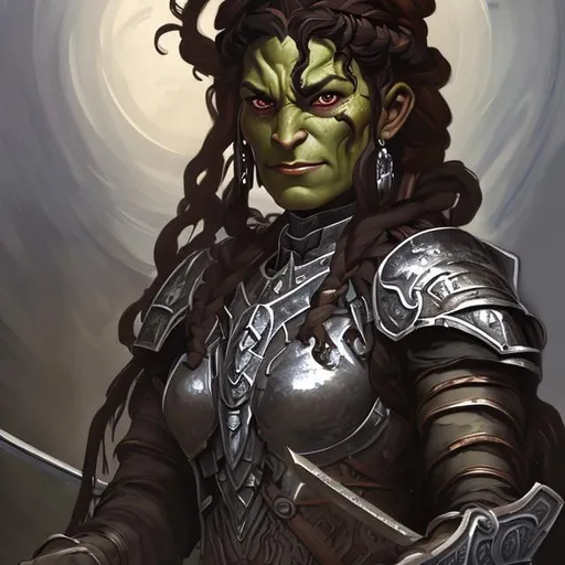 Prompt: beautiful digital fantasy painting portrait of a female half-orc paladin with dark brown, braided hair, olive skin, dark brown eyes in silver armor holding a sword in the style of baldur's gate portraits and the art of alphonse mucha, ayami kojima
