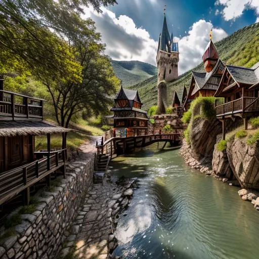 Prompt: Fantasy town along a river built on one side, panoramic picture, landscape, photo realistic, intricate details, flat plains