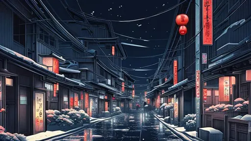 Prompt: dark small japanese street night snow digital art
