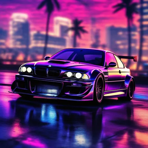 Prompt: 2001 BMW M3 E46 GTR, synthwave, aesthetic cyberpunk, miami, highway, dusk, neon lights, coastal highway, dusk, neon lights, coastal highway, sunset, drift, nurburgring, water on the road, blade runner, 8k, watercolor, macro sharp focus, 8, hyper realistic, cinematic, highly detailed, photoraelistic, clean